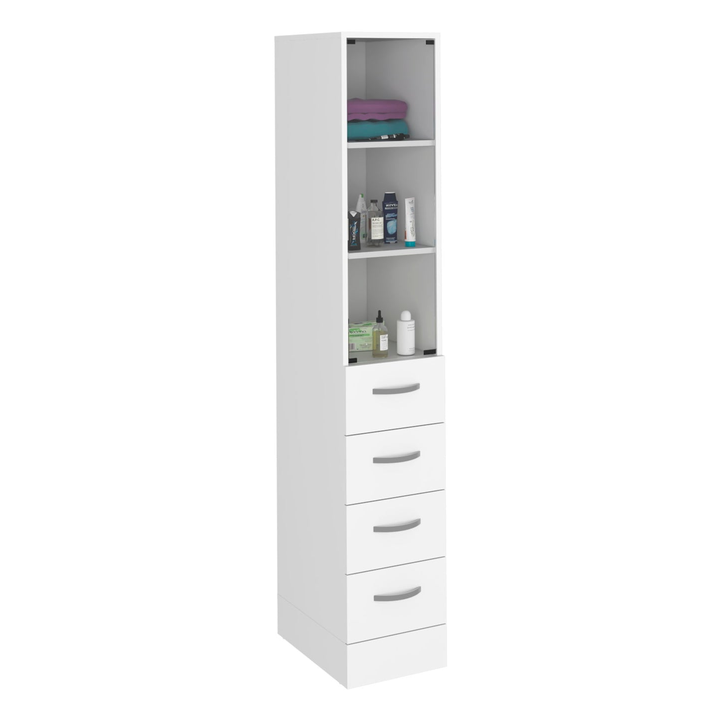 Linen Cabinet, 3 Shelves, 4 Drawers And Metal Handles - White