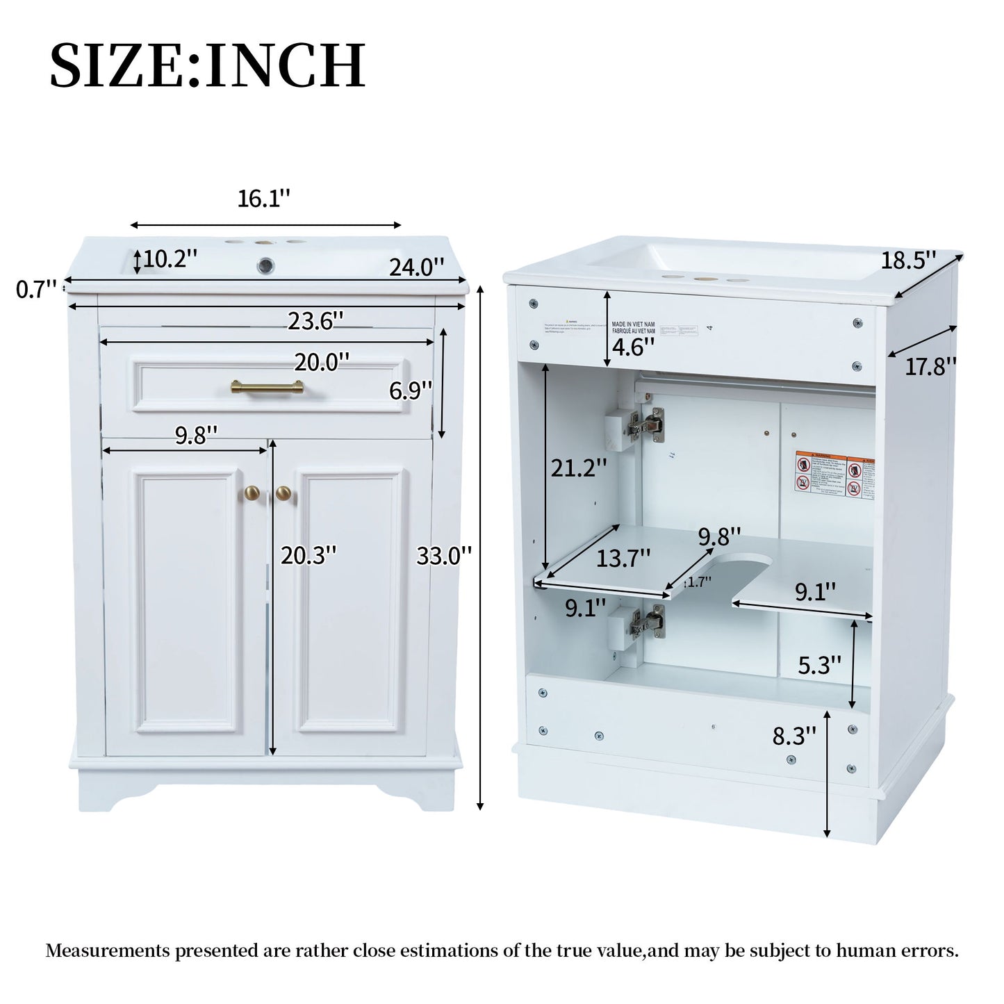Bathroom Vanity With Integrated Sink, 2 Door Cabinet With Tip Out Drawer, Rectangular Design