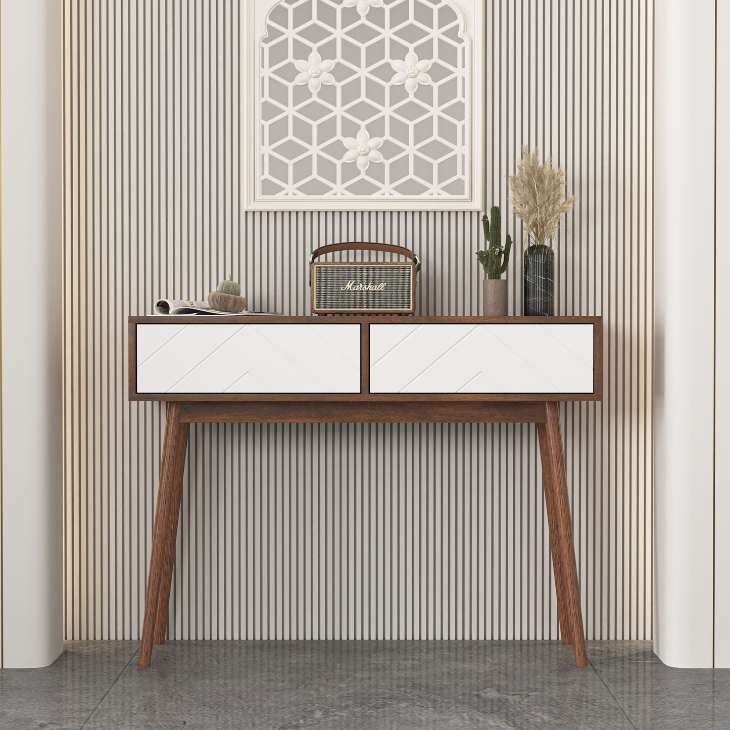 Rustic Entryway Console Table With Carved Panel Drawers And Wood Legs - Natural