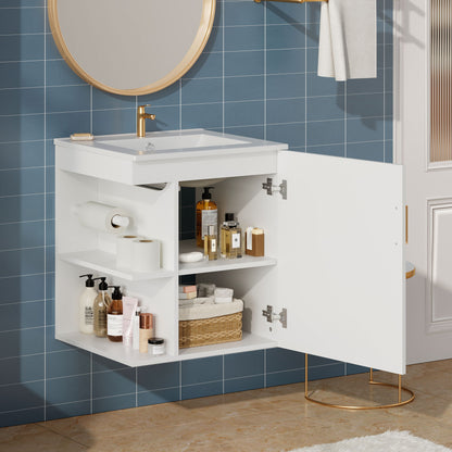 Modern Wall Mounted Bathroom Cabinet With Side Shelf And Ceramic Sink