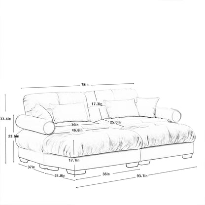 Modern Sectional Sofa With Ottoman, Round Bolster Armrests, Waist And Throw Pillows