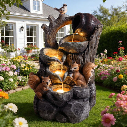 Outdoor Squirrel, Tiered Waterfall Fountain With LED Light For Patio - Gray