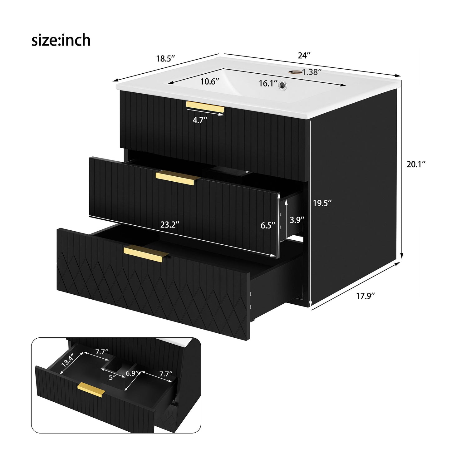 Wall Mounted Floating Cabinet With Double Drawer, Rectangular Sink