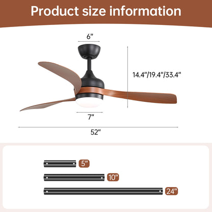 Ceiling Fan With 3 Blades, Remote Control, Reversible DC Motor, Noiseless Operation, 3 Downrods