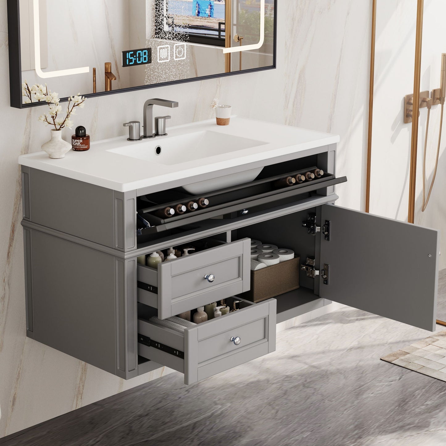 Modern Wall Mounted Floating Cabinet With Double Drawer And Sink