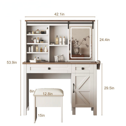 Rustic Farmhouse Makeup Vanity Desk With Sliding Mirror, LED Lights, And Charging Socket - White