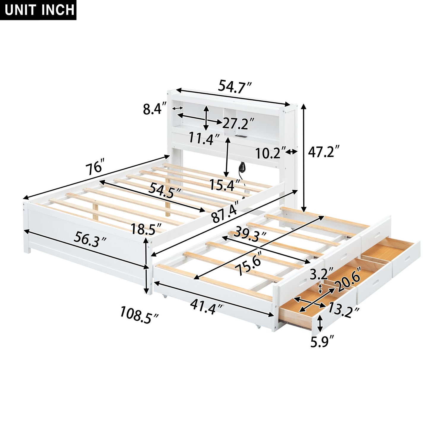 Full Size Platform Bed With Trundle, Drawers, USB Ports And Built In Shelves - White