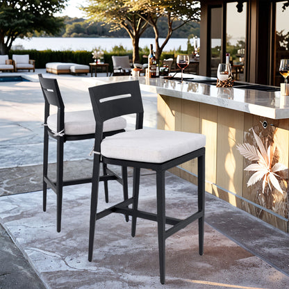 Modern Outdoor Bar Stools, Patio Chairs With Backrest And Footrest, Weather Resistant, Sunbrella Cushions (Set of 2) - Ember Black