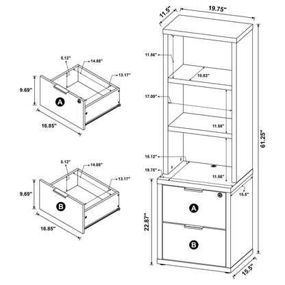 Multifunctional Bookcase With Three Open Shelves, 2 Drawers, Dual USB Charging Outlet
