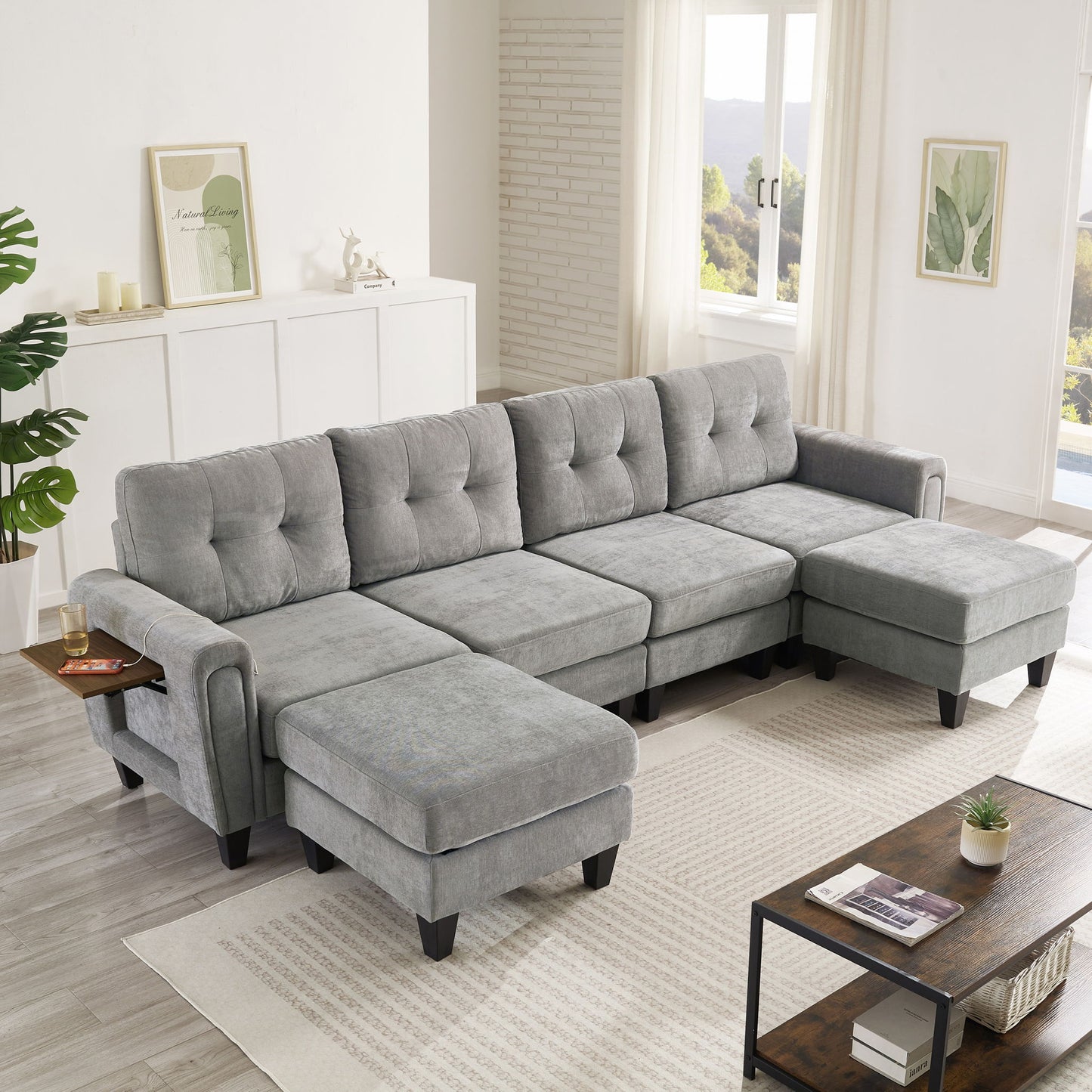 Modular Sectional Sofa With Movable Ottomans, USB Ports & Side Tables