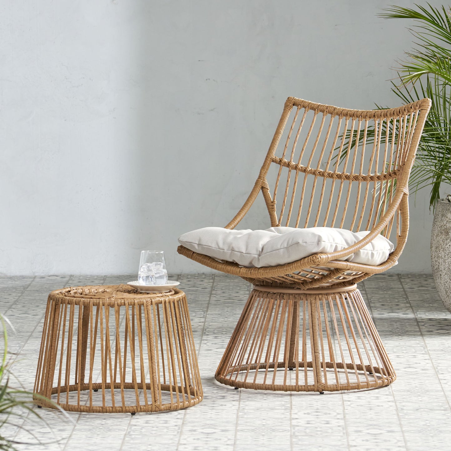 2 Piece Rattan Patio Set With Club Chair And Side Table - Beige / Light Brown