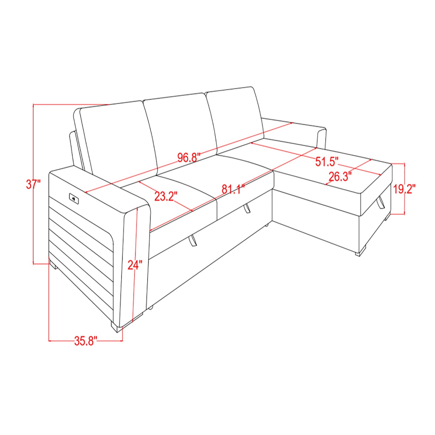Montero - Sofa With Pull Out Bed, Drop Down Table, USB And Cup Holders, Storage Chaise - Charcoal Black
