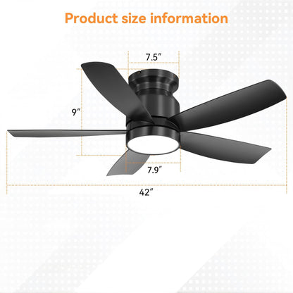 Flush Mount Ceiling Fan With LED Light 22W And Remote Control Blades For Indoor Use - Black