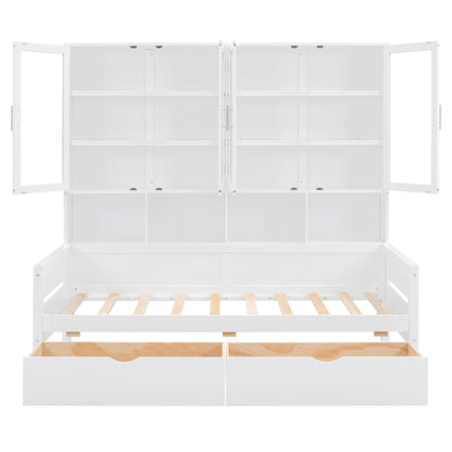 Daybed With Glass Door Storage Cabinets, Built In LED Lighting And Shelves