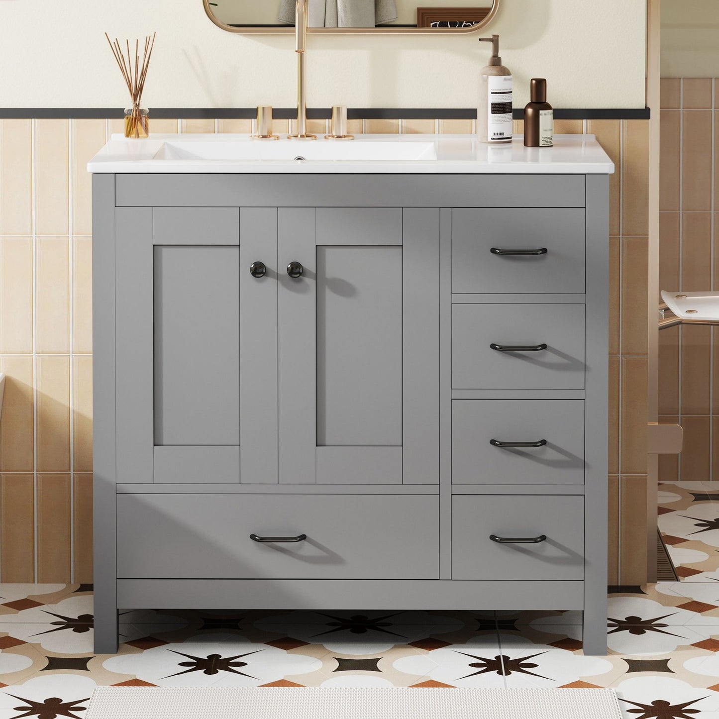 Bathroom Vanity With Ceramic Sink Combo, Abundant Storage Cabinet 2 Soft Close Doors And 5 Drawers