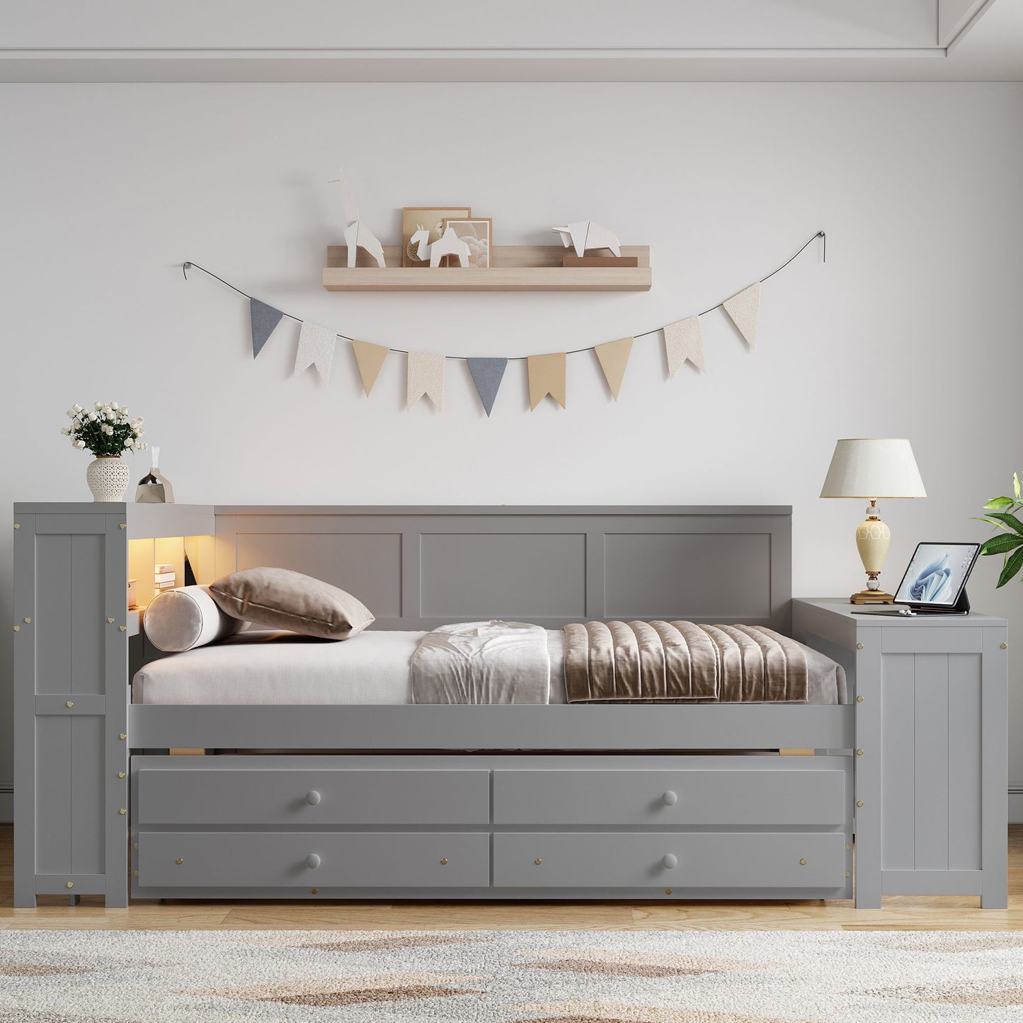 Daybed With Storage Shelves, Drawers, Trundle, Charging Station, LED Light, Desk And Cabinet
