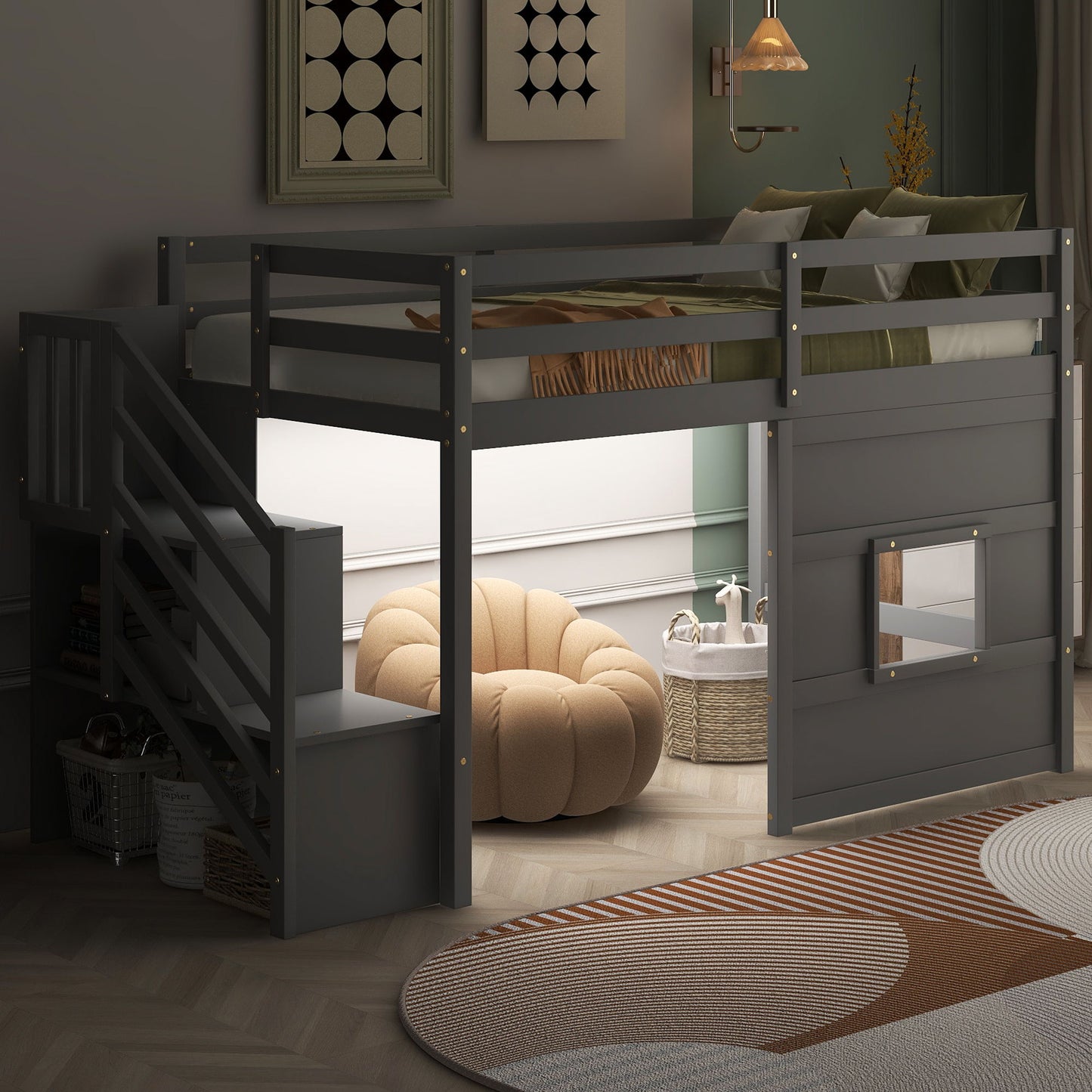 Loft Bed With Storage Staircase, Window & LED Light