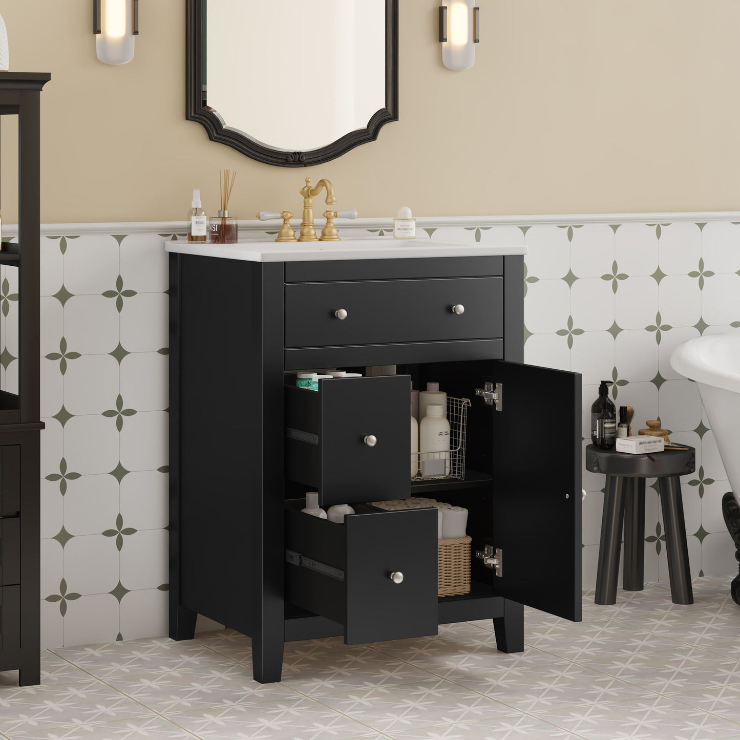 Bathroom Vanity With Basin, Rectangular Cabinet With 2 Drawers And Soft Closing Door