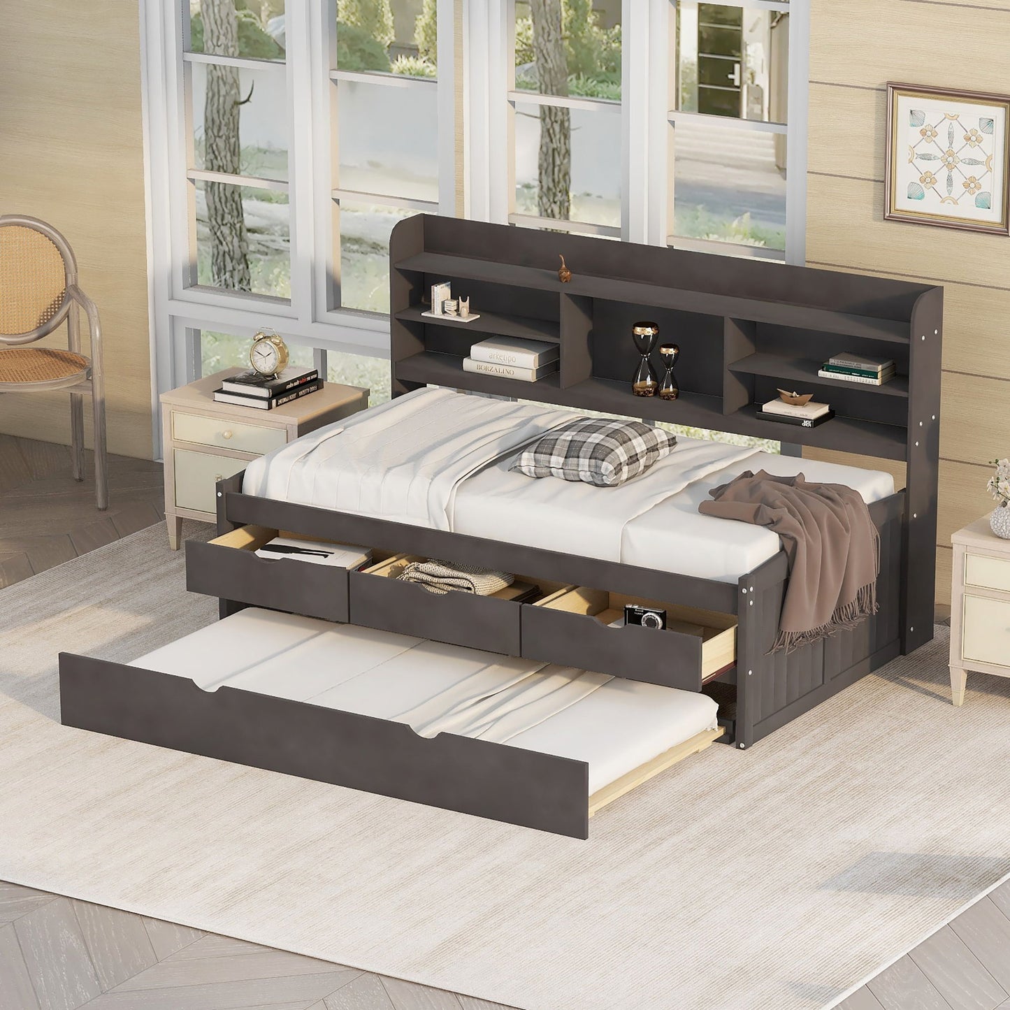 Captain Bed With Built In Bookshelves, 3 Storage Drawers, And Trundle
