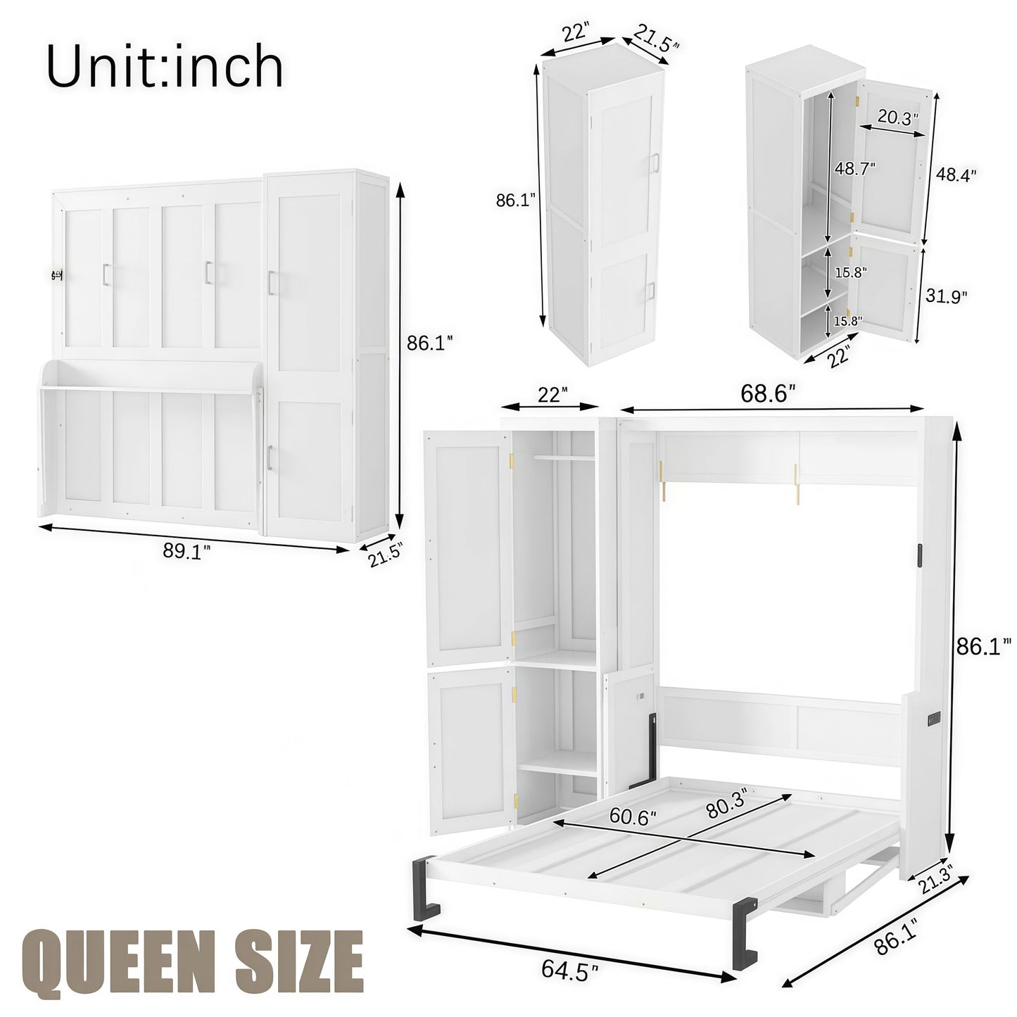 Queen Size Murphy Bed With Wardrobe, Space-Saving Hidden Wall Bed With Desk And Charging Station - White