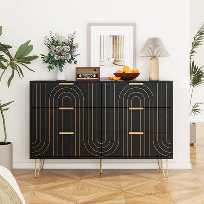 Modern 6 Drawer Dresser, Modern Dresser With Metal Handles, Storage Chest Of Drawer, Wide Dresser Drawer Organizers With Carving Design For Bedroom, Living Room, Hallway - Black