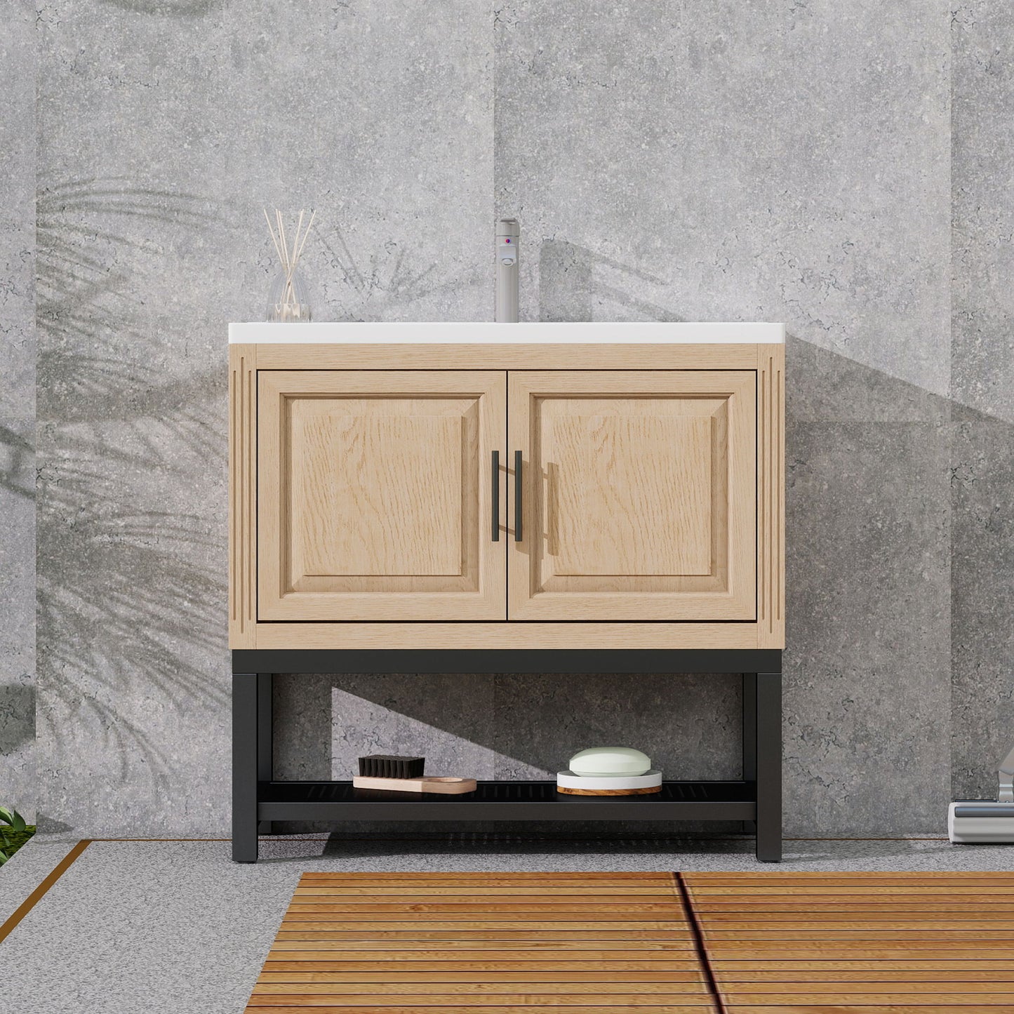 Modern Freestanding Bathroom Vanity With Ceramic Sink, Hot And Cold Faucet, Storage Cabinet & Open Shelf