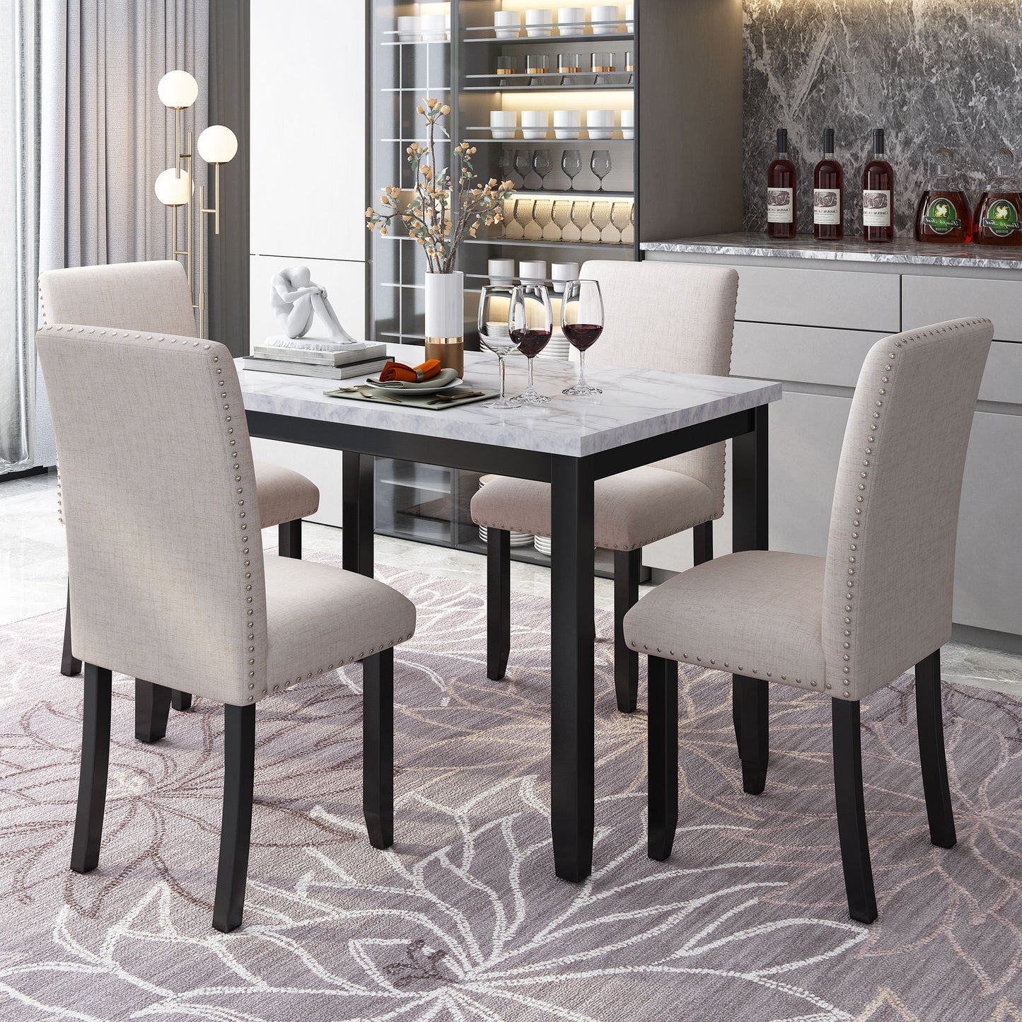 5 Piece Dining Set Table With 4 Thicken Cushion Dining Chairs - White / Beige / Black