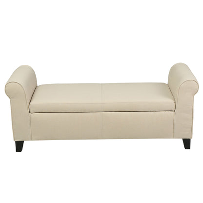 Glistening - Upholstered Storage Bench With Rolled Arms And Wood Legs - Beige