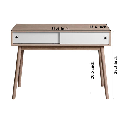 Rustic Entryway Console Table With Sliding White Doors And Wood Legs - Natural