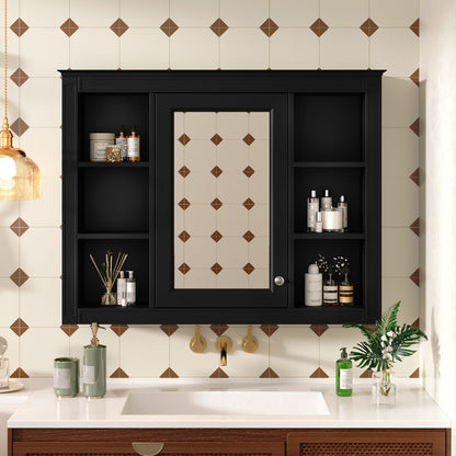 Wall-Mounted Medicine Cabinet With Mirror, 6 Open Shelves And Adjustable Interior - Black
