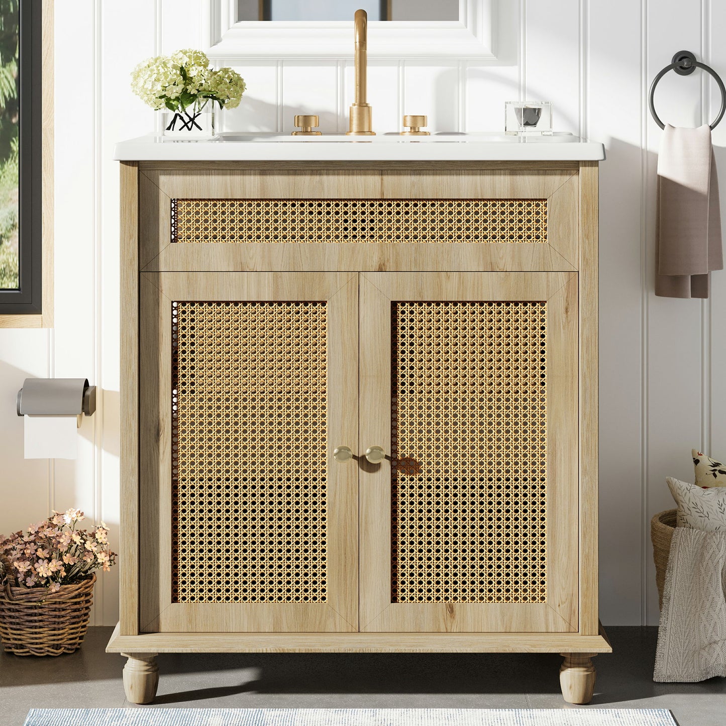 Bathroom Vanity With Handwoven Rattan Doors, Resin Basin - Natural Wood
