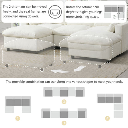 Modular Sectional With Storage Pockets, 5 Seat U Shaped Couch Set With Pillows, Free Combination Modern Cloud Sofa With 2 Movable Ottoman