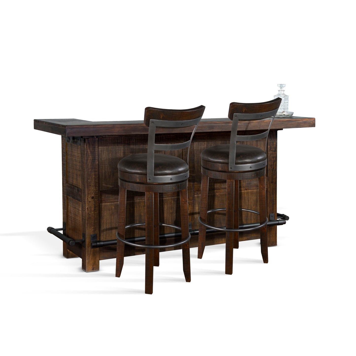 Traditional Wood Home Bar With Stools With Metal Back