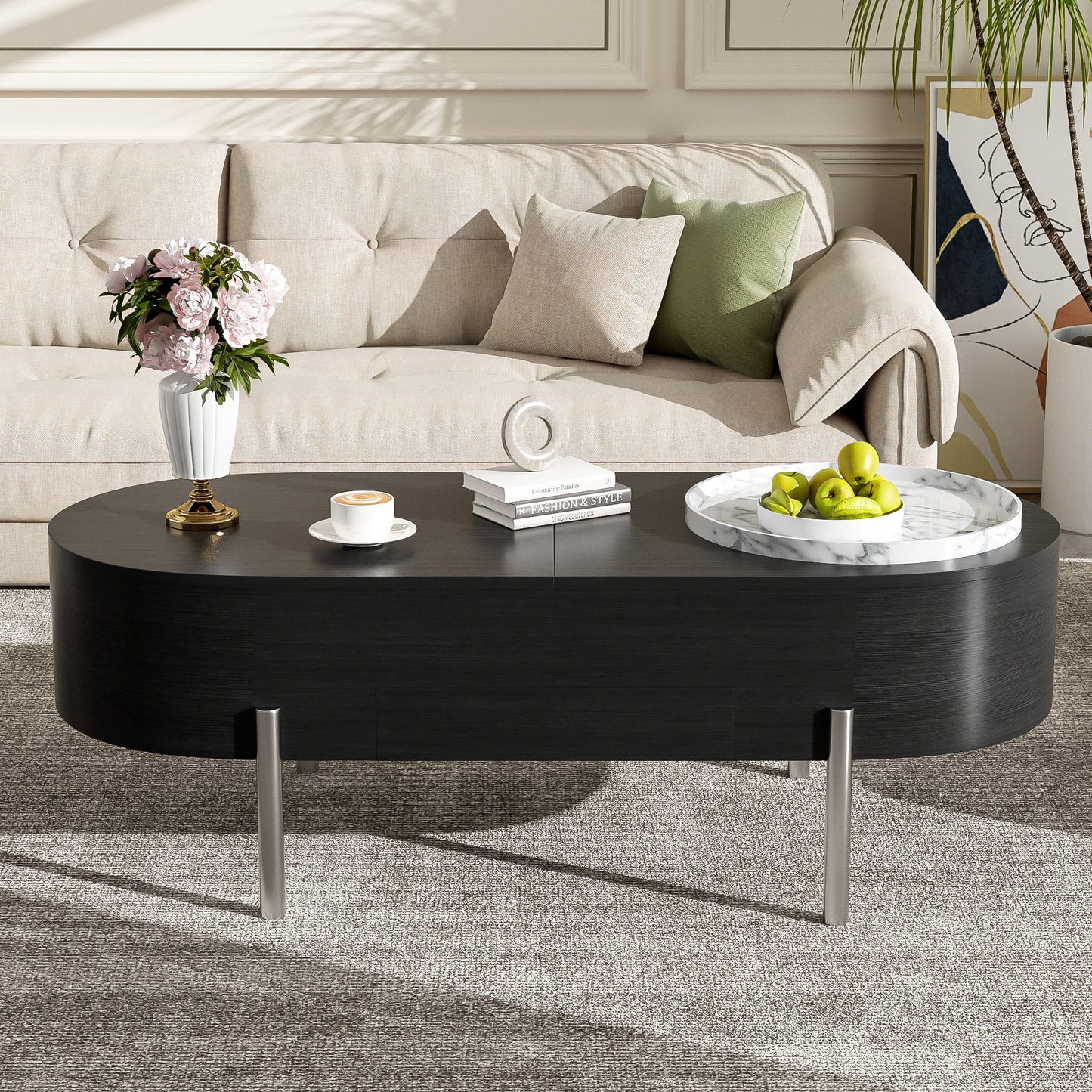 Lift Top Coffee Table With 360 Degree Marble Patterned Rotating Tray
