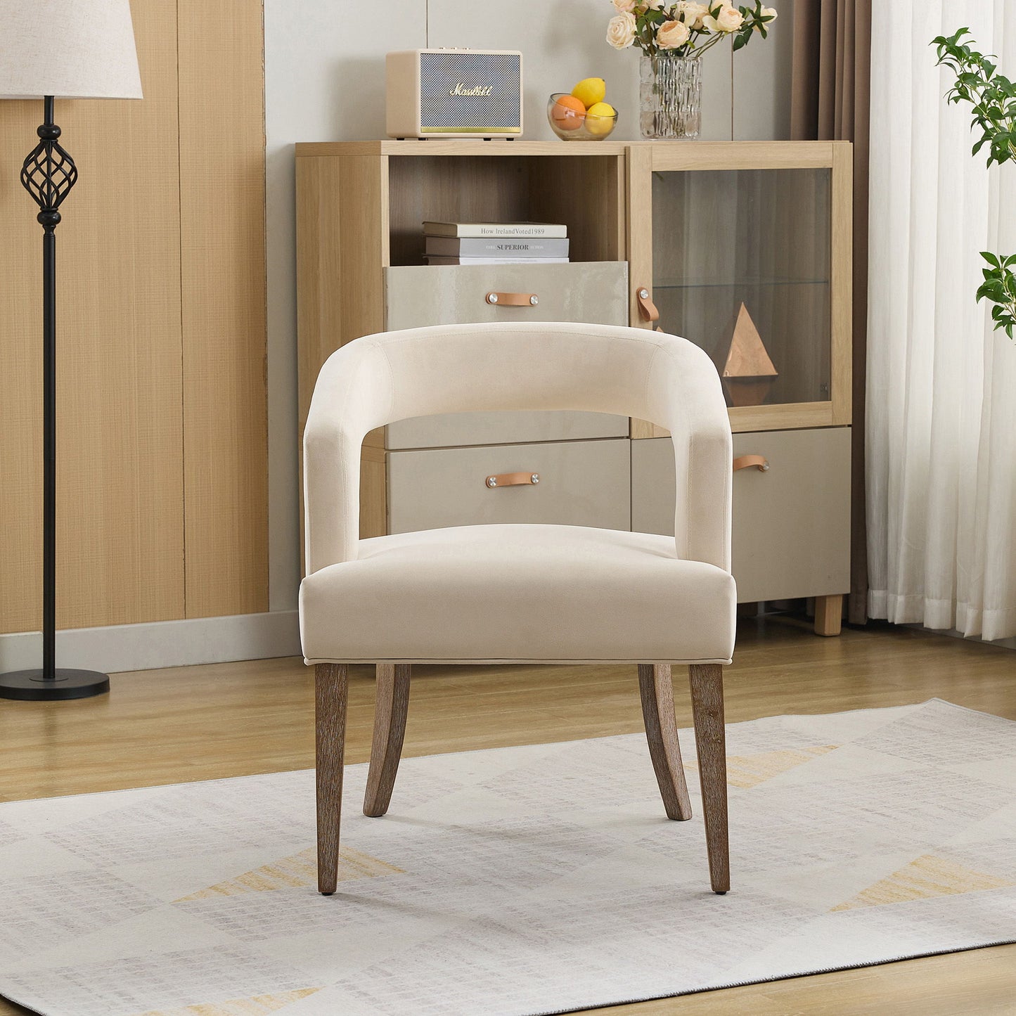 Wide Modern Barrel Open Back Upholstered Accent Chair With Weathered Solid Wood Legs
