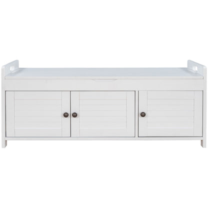 Storage Bench With 3 Shutter-Shaped Doors, Shoe Bench With Removable Cushion And Hidden Storage Space