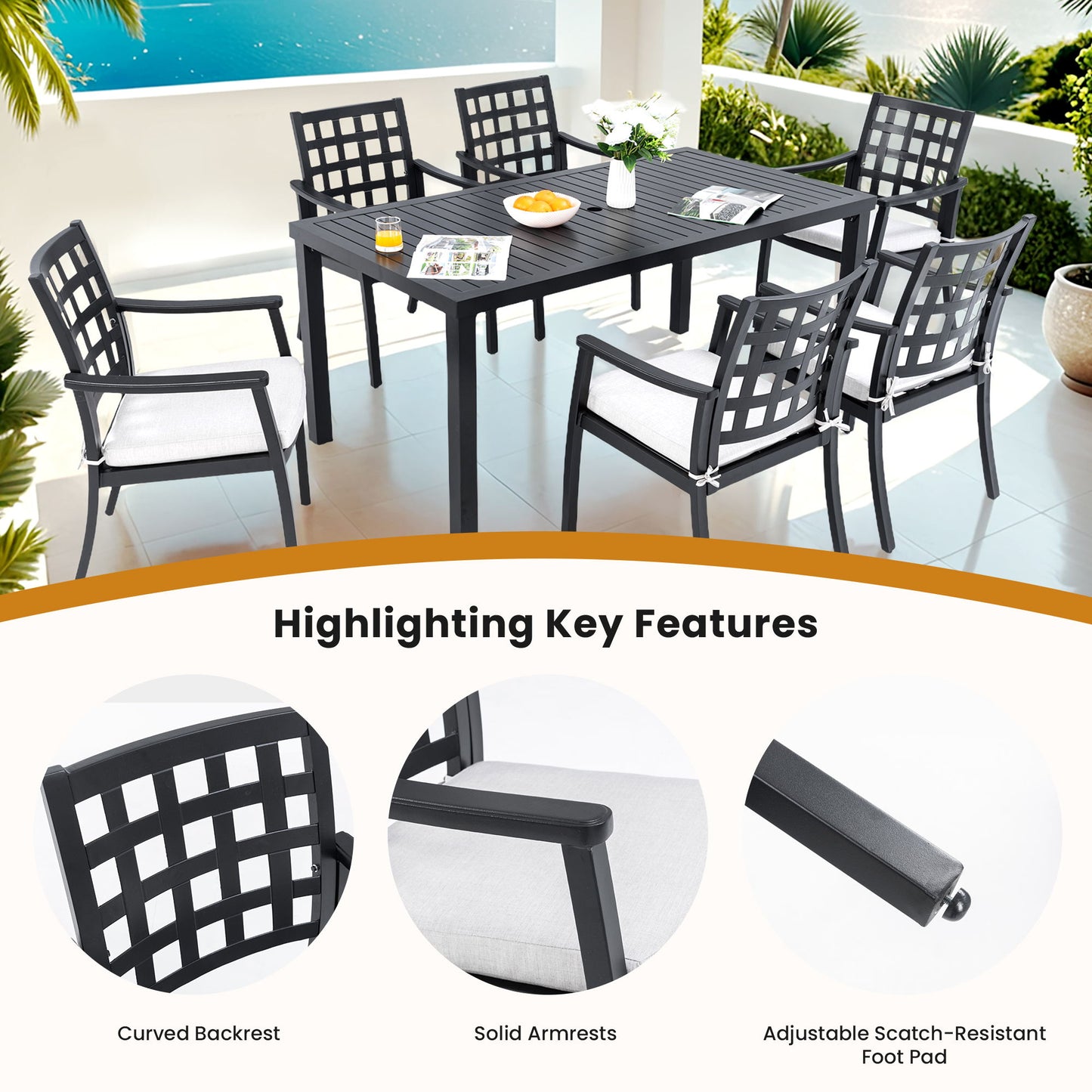 Modern Classic Outdoor Patio Dining Set, Rectangular Table & Dining Chairs, Rust Free, Weather Resistant