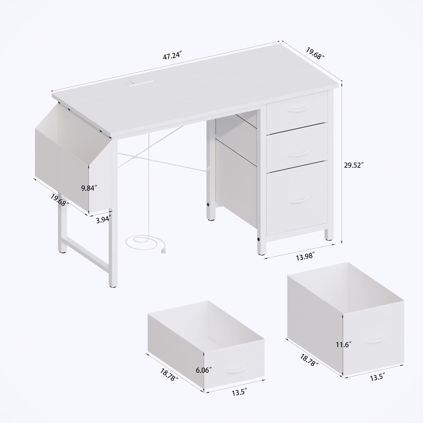 Office Desk With Power Outlet, 3 Drawers And Side Pocket For Office - White
