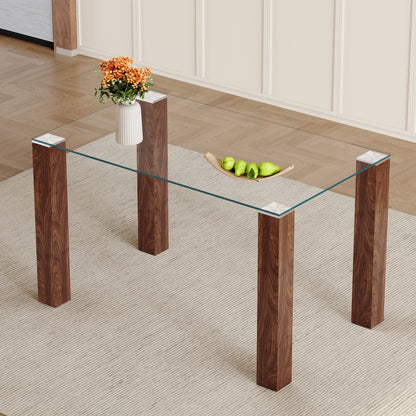 Transparent Tempered Glass Dining Table With Wood Grain Legs - Transparent / Walnut