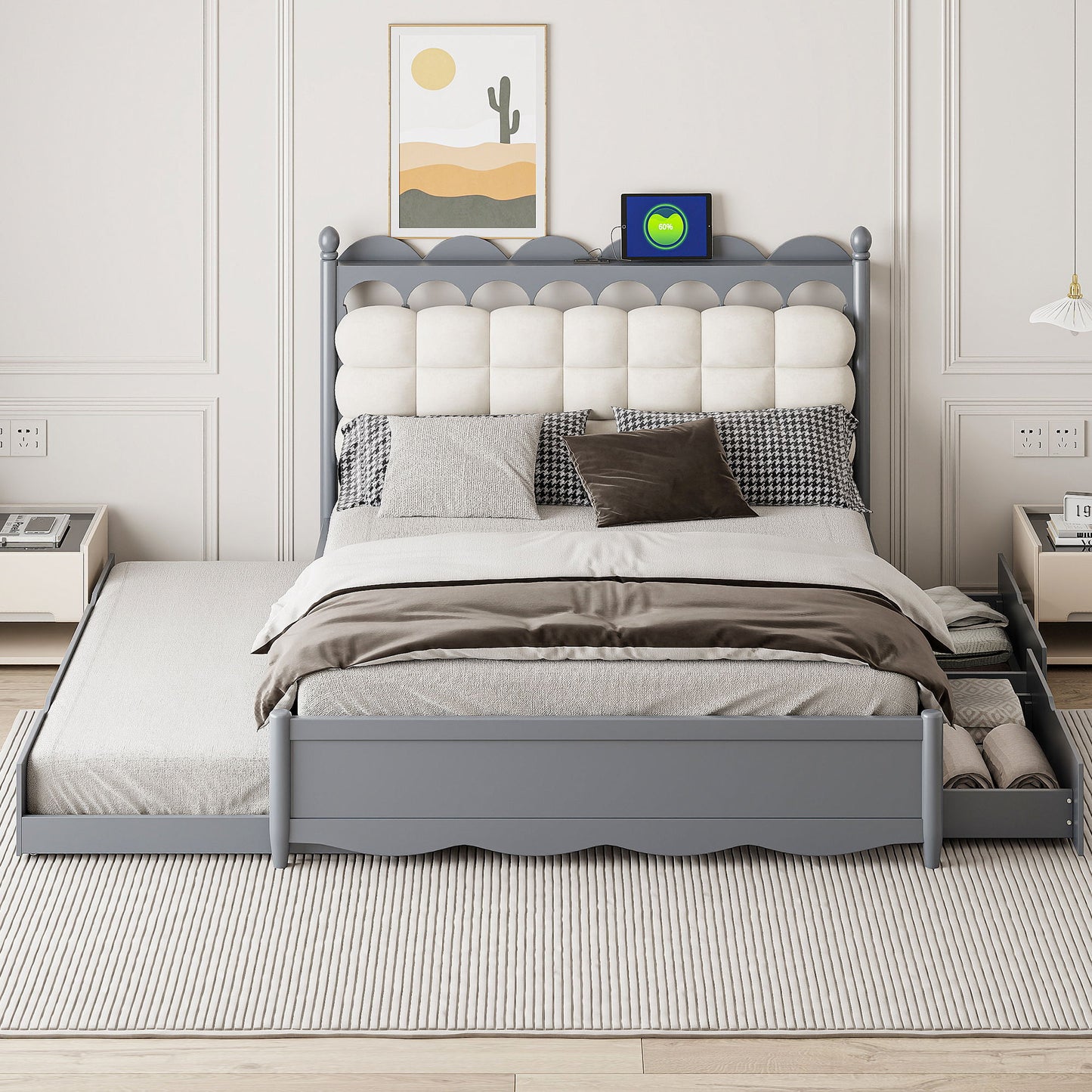 Storage Platform Bed, With 2 Big Drawers, Trundle, One Set Of Sockets & USB Ports