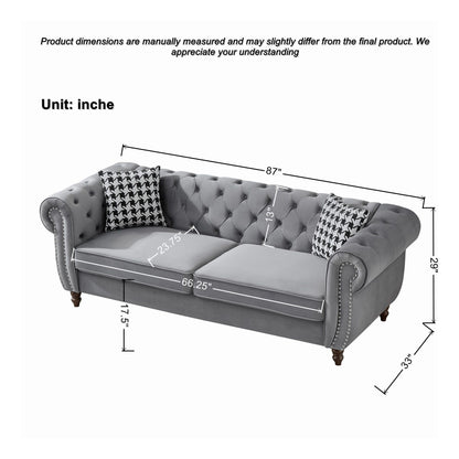 Chesterfield Velvet Upholstery Fabric Sofa With Roll Armrest & Nailhead, Mid Century Modern 3 And 3 Seater Couch