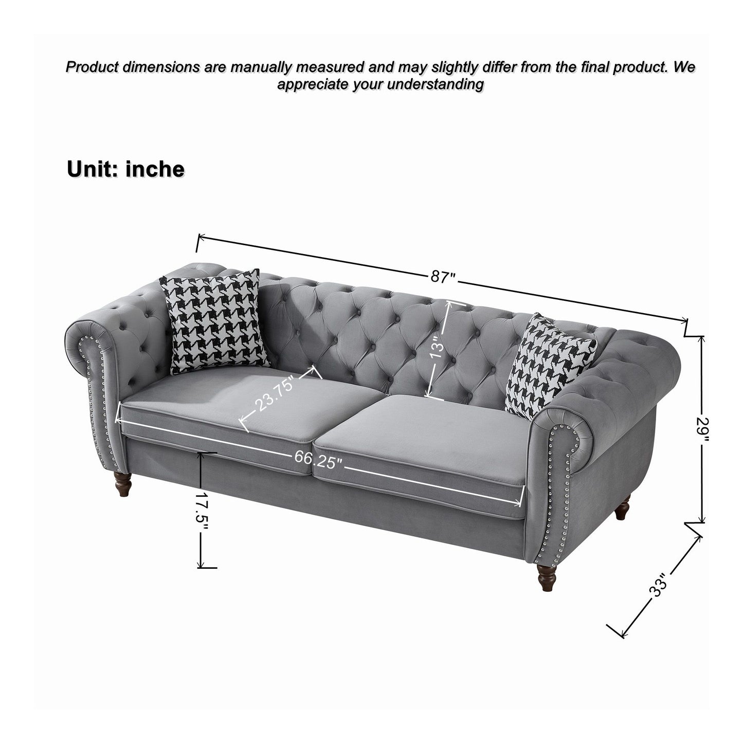 Chesterfield Upholstery Fabric Sofa With Roll Armrest & Nailhead, Mid Century Modern 3 And 3 Seater Couch