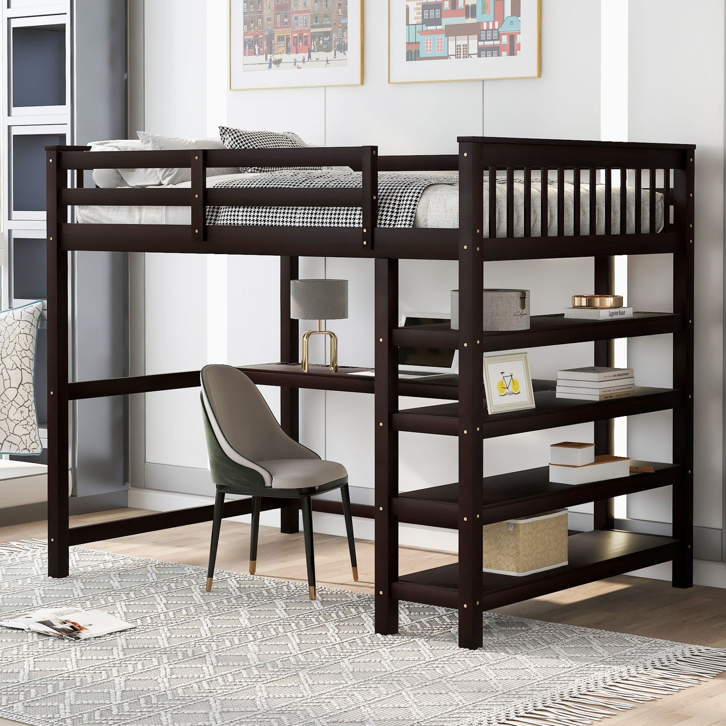 Loft Bed With Storage Shelves And Under Bed Desk