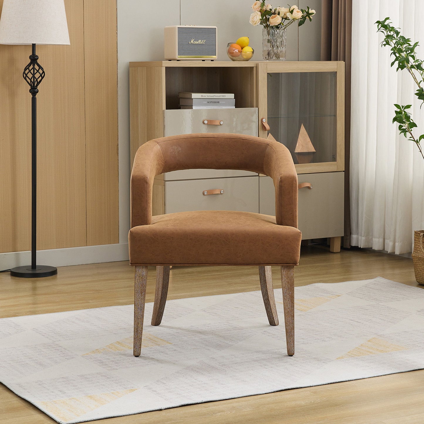 Wide Modern Barrel Open Back Upholstered Accent Chair With Weathered Solid Wood Legs
