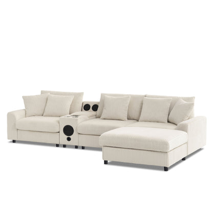 Sectional With Bluetooth Speakers L Shaped Couch With Console USB Charger, Cup Holders Storage Ottoman Deep And Wide Seat Cloud Sofa