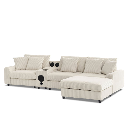 Sectional With Bluetooth Speakers L Shaped Couch With Console USB Charger, Cup Holders Storage Ottoman Deep And Wide Seat Cloud Sofa