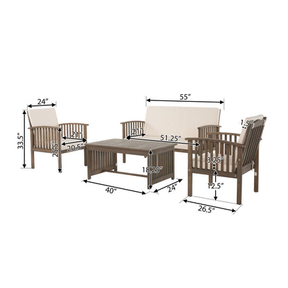 4 Piece Outdoor Chat Set With Water Resistant Cushion And Wood Frame - Cream / Gray