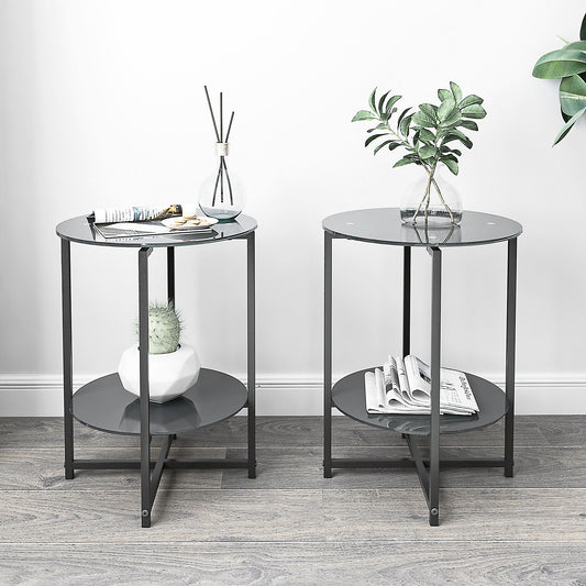 JWS Tempered Glass End Table (Set of 2), Round Coffee Table For Bedroom Living Room Office - Black