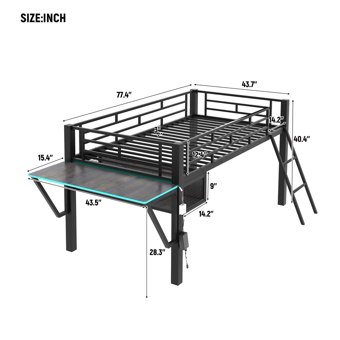 Modern Gaming Mid Loft Bed With Desk And LED Lights