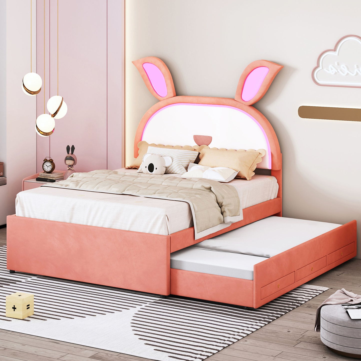 Upholstered Platform Bed With Trundle And 3 Drawers, Rabbit-Shaped Headboard With Embedded LED Lights